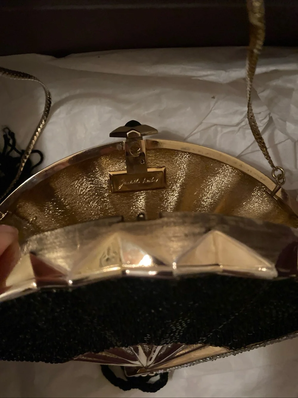 Vintage Judith Leiber Black, Gold & Silver Fan Minaudière